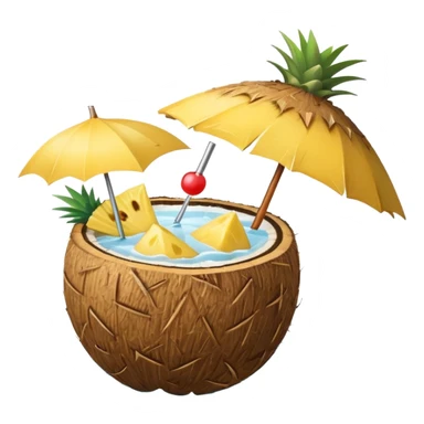 A tropical cocktail served in a coconut shell with a mini umbrella and pineapple.
 sticker