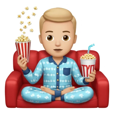 male memoji, in pajamas, sitting on couch, holding TV remote controller, relaxed face, casual home vibe, popcorn bucket on couch sticker