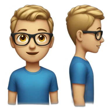 white young boy with blue glasses, short hair, shaven on both sides, and black t-shirt with red and black squared shirt on top sticker