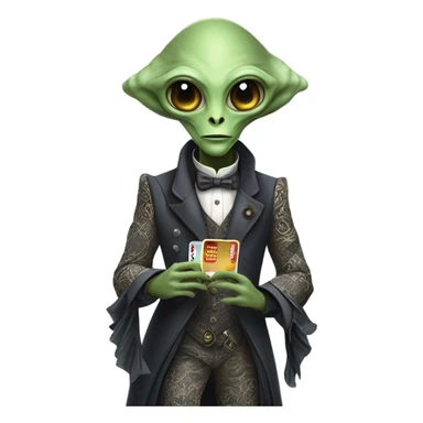 alien galora in Victorian dress elegant, full body, holding big credit card sticker