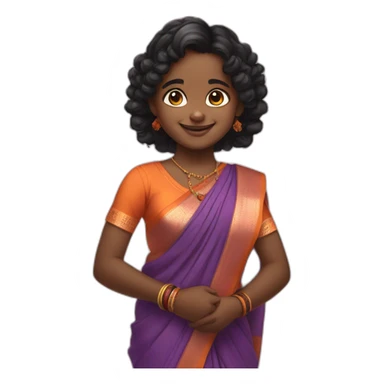 smiling and pointing 3 years old dark skin indian girl with black curly hair in pigtails wearing a orange saree sticker