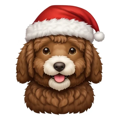 dark brown goldendoodle smiling with a Santa hat sticker