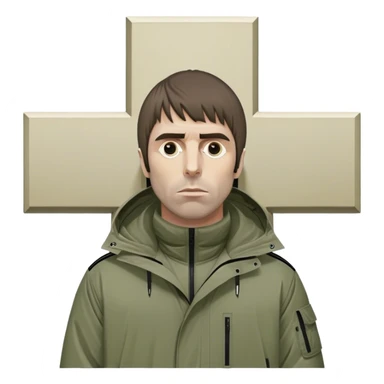 Liam Gallagher on cross like Jesus but with a parka and adidas sticker