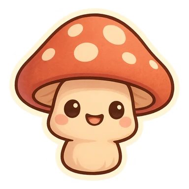 chibi sticker-style mushroom with a smiling face, cute and exaggerated sticker