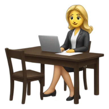 White woman sitting on chair near table with document on hand sticker