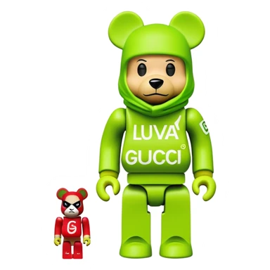 bearbrick with cube head in a lime green balaclava heavily tagged with multiple luxury and street brand logos, random placement like street graffiti, Supreme, Gucci, LV, Nike swooshes all mixed in wild street art style sticker