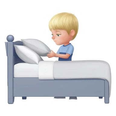 3 year old blonde boy with green-blueish eyes making the bed. Neat, and pillows in order sticker