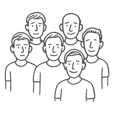 group of 6 men, white skin tone, white shirts, hand-drawn style sticker