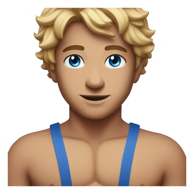 Caleb  with blue eyes and a bathing suit sticker