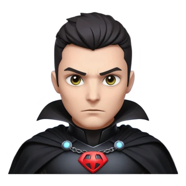 dark sci-fi villain portrait, head and shoulders only, black armor, cape collar, intense eyes, dramatic lighting, 3D cartoon, mobile game icon, clean background, no text
 sticker