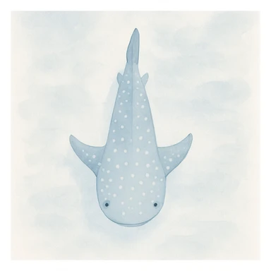 watercolor illustration of a whale shark from a bird's eye view, soft blue and gray tones, gentle expression, ocean background, artistic brushstrokes sticker