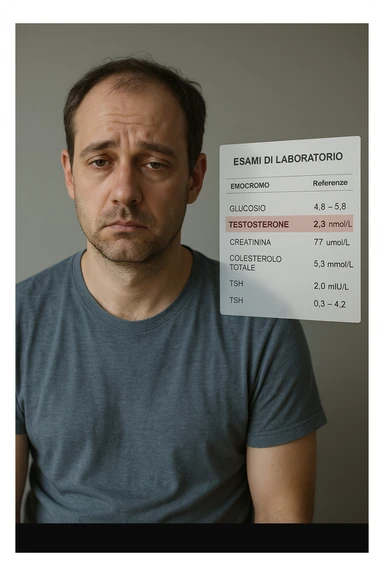 Un uomo caucasico di 35-45 anni, in CGI fotorealistico, che mostra i segni fisici ed emotivi di un basso livello di testosterone. aggiungere un referto medico semi-trasparente fluttuante accanto a lui, con valori di testosterone evidenziati in rosso. in italiano sticker