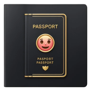 Minimal emoji icon of a black passport, matte cover, simple gold emblem, clean lighting sticker