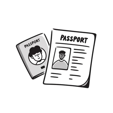 Hand-drawn travel visa application and passport sticker