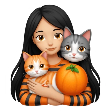 A clean girl with black long hair hugging an orange and a gray cat, both with stripes  sticker