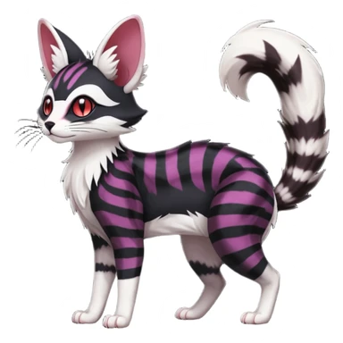 Hyper realistic  void-black fur haunted by crimson neon pulse-lines like living circuitry beautiful elegant pretty precious cute  Fakémon-Pokémon-opossum-feline-serval-caracal-chinchilla-Furret-Minccino-hybrid-creature with a big fluffy bushy tail (full body) sticker