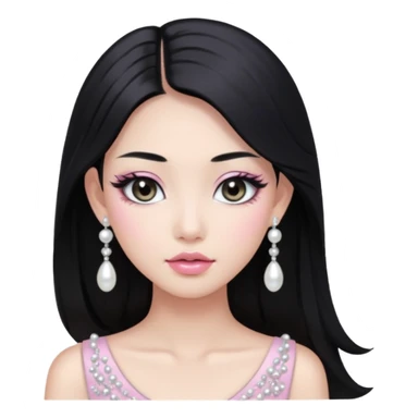 asian long black hair silver grey eyes glossy lips glittery white and light pink eyeshadow girl pearl earrings sticker
