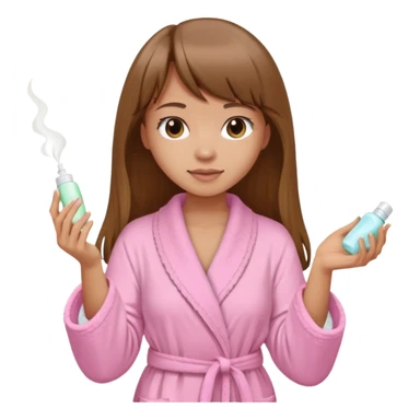 a girl with light skin and medium brown long hair with bangs who is applying lotion to her body show her whole body in a light pink bathrobe  sticker
