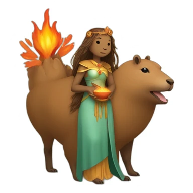 the goddess of the hearth and comfort holds a capybara, which has fire in its paws sticker