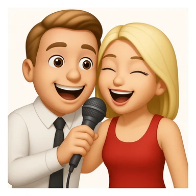 Combine the two emoji characters from the references into one lively and fun scene where they are singing karaoke together, holding a microphone, with joyful expressions. Keep the style consistent with emoji style. sticker
