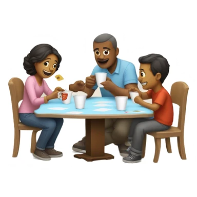 An emoji of a family—mother, father, and child—sitting at a table, playing a cup game with paper cups arranged on the table as they have fun together sticker