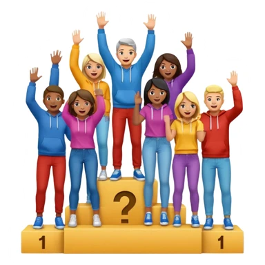 multi-racial people in colorful jeans t-shirts and hoodies on a winners’ podium with middle step higher, no numbers, excited fun expressive emoji style sticker