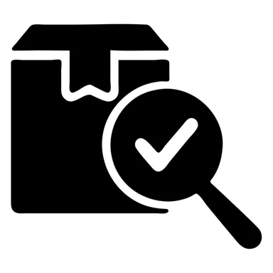 icon of a magnifying glass inspecting a product with a checkmark sticker