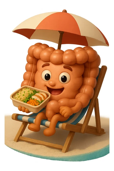 EMOJI STILE IPHONE DI INTESTINO IN SPIAGGIA SU UNA SPIAGGINA SOTTO L'OMBRELLONE CON IN MANO UNA SCHISCETTA DI Insalata di quinoa e pollo con rucola e carote, iperrealistica 4k sticker