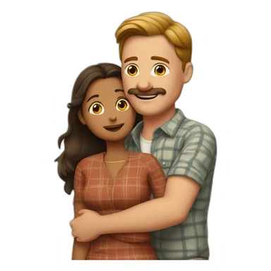 Tall white man wearing plaid with brown hair and a brown mustache hugging a very short Indian woman sticker