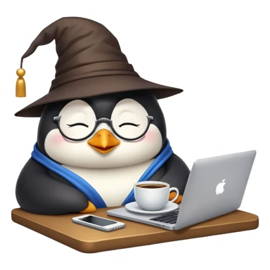 A penguin wizard who have spectacles, sitting in front of Macbook and have coffee cup on one side and cat sleeping on other side emoji sticker