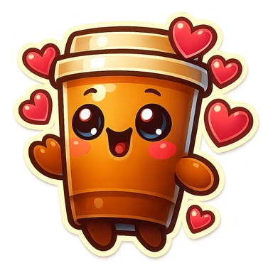 Tall coffee cup, extreme flirty, gushing with love, dramatic sticker