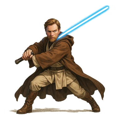 Obi-Wan Kenobi, action pose, brown robe, blue lightsaber, determined face, Star Wars sticker