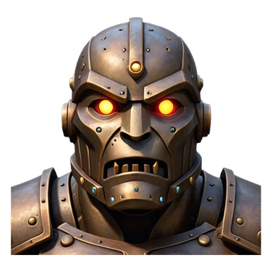 Cinematic Noble Mighty Iron Golem Portrait Emoji Poised and imposing, with a towering, metallic form forged from intricately detailed plates of burnished steel and ancient bronze, etched with faint traces of runes and weathered marks of time. Its piercing, glowing eyes radiate unwavering resolve, casting a solemn and commanding presence; rendered with lifelike texture and natural metallic highlights, high shine, elegant yet indomitable, styled with an aura of legendary endurance, focused and resolute, soft glowing outline, capturing the essence of an eternal guardian, standing vigilant and immovable as if ready to awaken at any moment with unstoppable might! sticker