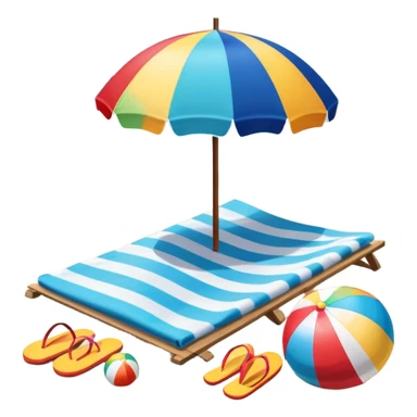Icon for Beach Tourism: a sandy beach with a beach umbrella, flip-flops, a towel, and a beach ball, with the ocean waves in the background. The icon should capture the relaxation and fun of beach vacations. Transparent background. sticker