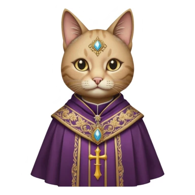 “Half-body humanoid figure with a realistic cat face, wearing ornate bishop robes and a mitre, dark gothic background, dramatic lighting, sticker