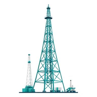 Oil derrick tower in cool tones with sky blue, teal green, white, and light gray sticker