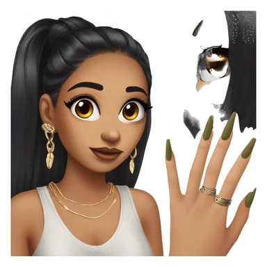 Glamorous, streetwear, black hair, long straight hair, olive skin, brown almond eyes, winged eyeliner with big lashes, wearing hooped earrings, rings and bracelets, almond fake nails sticker