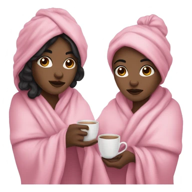 White girl black hair wrapped in pink blanket holding tea with both hands sticker