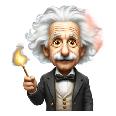 Albert Einstein holds a magic wand in his hand that’s emitting smoke. His eyes are red sticker