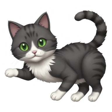 solid dark grey cat with green eyes, white toes/paws and white patch on her chest playfully rolling upside down sticker