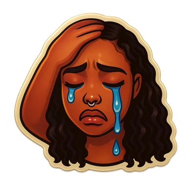 Crying Tears rolling down face 
Mouth Pout
one hand on head 
head down
 sticker