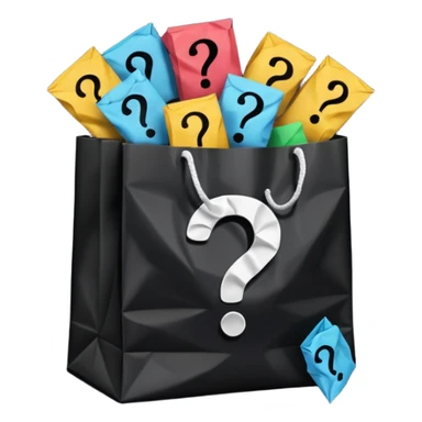 black goodiebag with questions mark boxes stuffed in it sticker