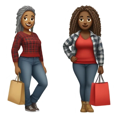 A very Curvy woman with gray locs in pants with shopping bag.  The other very curvy woman is brown with red locs in a skirt with plaid sweater shopping at yard sale sticker