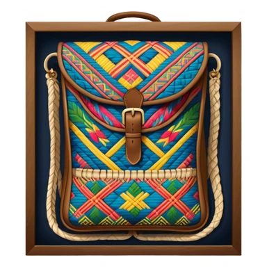Cinematic Realistic image of a traditional Colombian mochila, rendered with detailed woven textures and vibrant patterns, set against a rustic backdrop with soft, cultural lighting sticker