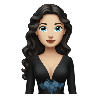 white bride with wavy dark brown long hair and blue eyes wearing a black deep v neck wedding dress with long sleeves sticker