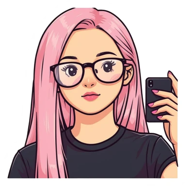 Teenage girl taking a selfie in a school bathroom. Long straight blonde hair with pink dye, rectangular glasses, black shirt, neutral expression with slightly glossy lips sticker