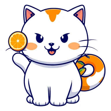 Cartoon orange cat eating an orange fruit that has a cat face on it sticker
