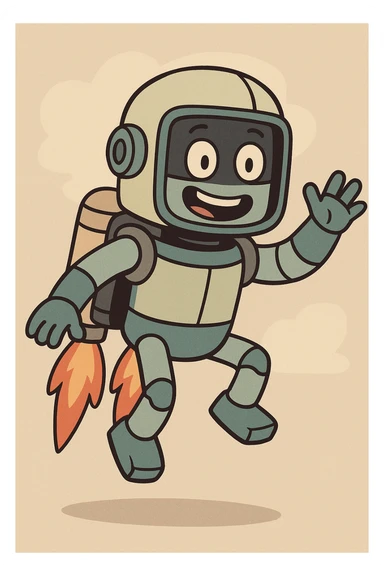 robot astronaut with a jetpack, smiling, cartoon style sticker