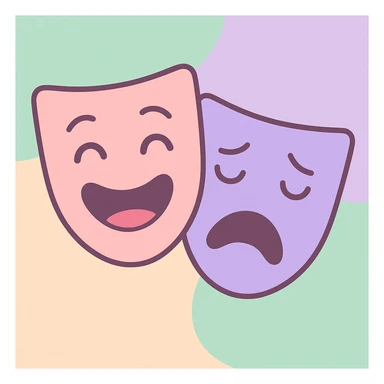 theatre mask icons comedy and tragedy in pastel pink lavender and mint, soft and friendly, modern illustration style sticker