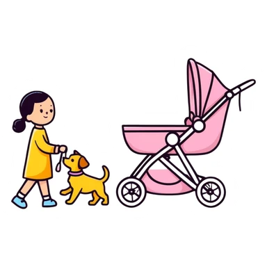girl walking a dog in a stroller with bold lines sticker